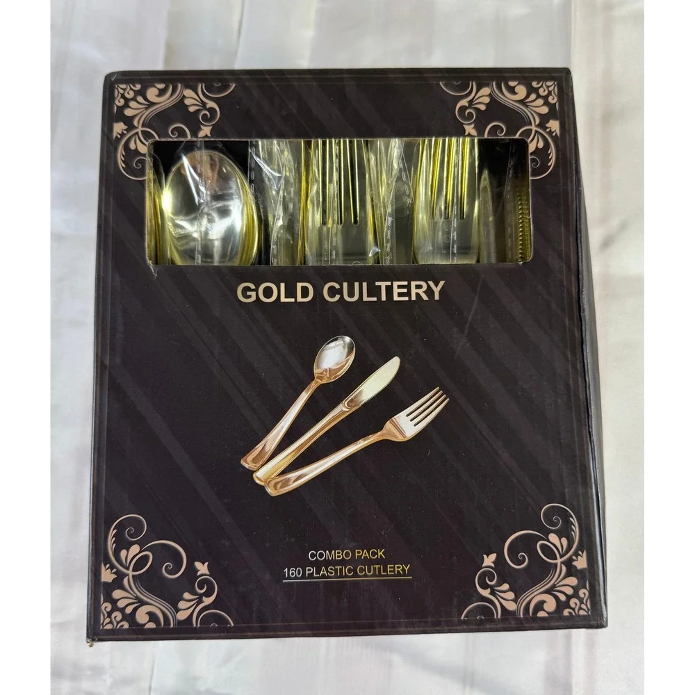 N9R 160pc Gold Plastic Cutlery Set Disposable Silverware Wedding Party C160G